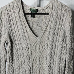 Lauren Ralph Lauren Taupe Cable Knit V-Neck Sweater w Metallic Accents SZ Lrg